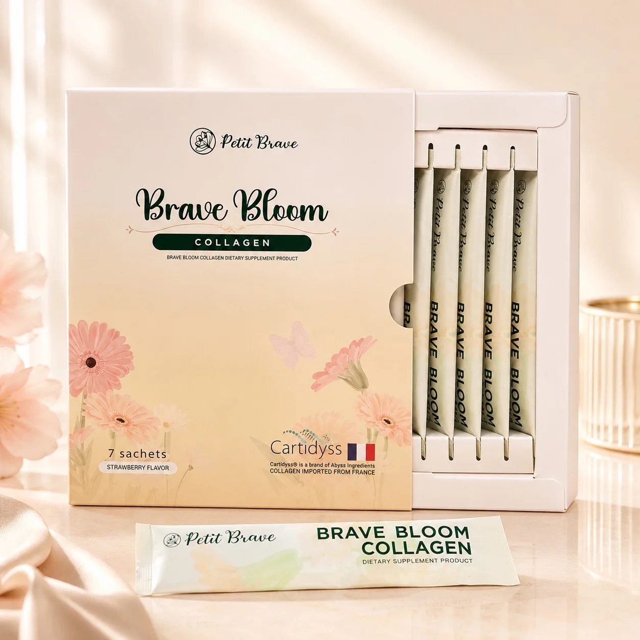 กล่อง Brave Bloom Collagen เปิดให้เห็นซอง